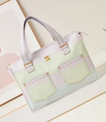 CHANEL Light Pink/Yellow/Blue Printed Denim Large Shopping Tote Bag #A49216