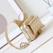 Chanel Mini F-Shaped Backpack, Champagne Gold Space Silver Diamond Checkered Tofu Bag #A49214