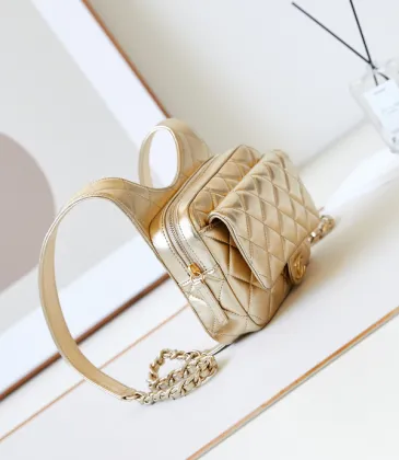 Chanel Mini F-Shaped Backpack, Champagne Gold Space Silver Diamond Checkered Tofu Bag #A49214