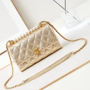 Chanel Mini Pearl Top Handle Flap Bag Metallic Gold Lambskin Brushed Gold Hardware #A49223