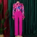 26Loose large size casual printed long-sleeved shirt wide-leg pants two-piece set #A21706